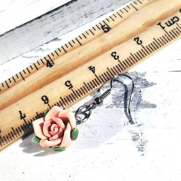 Pink Rose Flower Bead Handcrafted Fimo Polymer Clay Dangle Earrings - Picture 6 of 6